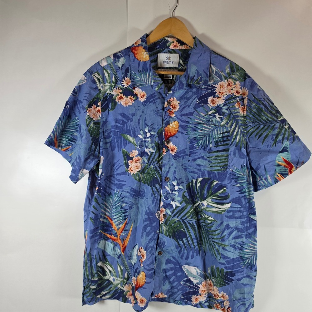 28 Palms Mens XL Hawaiian Shirt Blue Tropical Floral Monstera Camp Button Down